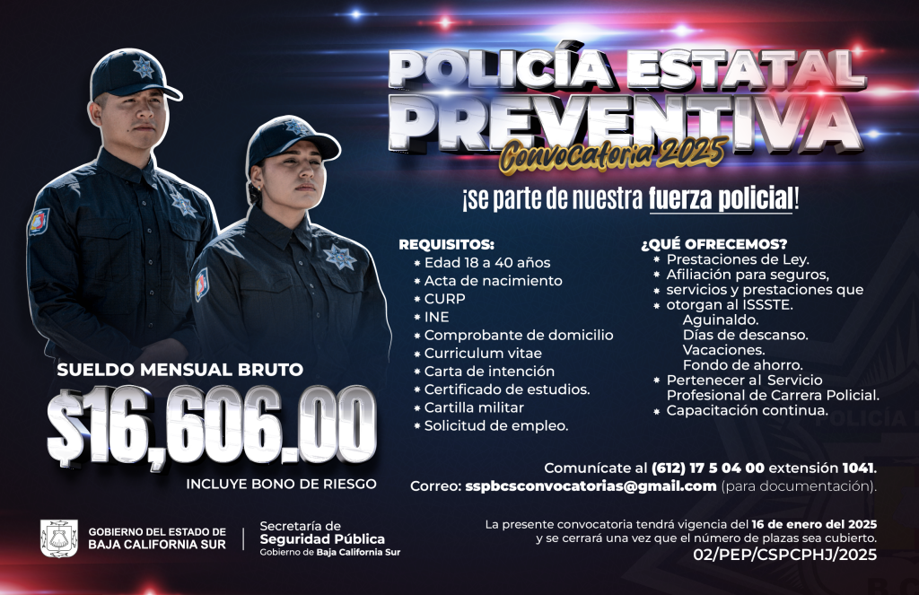 SE ABRE CONVOCATORIA PARA INTEGRARSE A LA POLICÍA ESTATAL PREVENTIVA