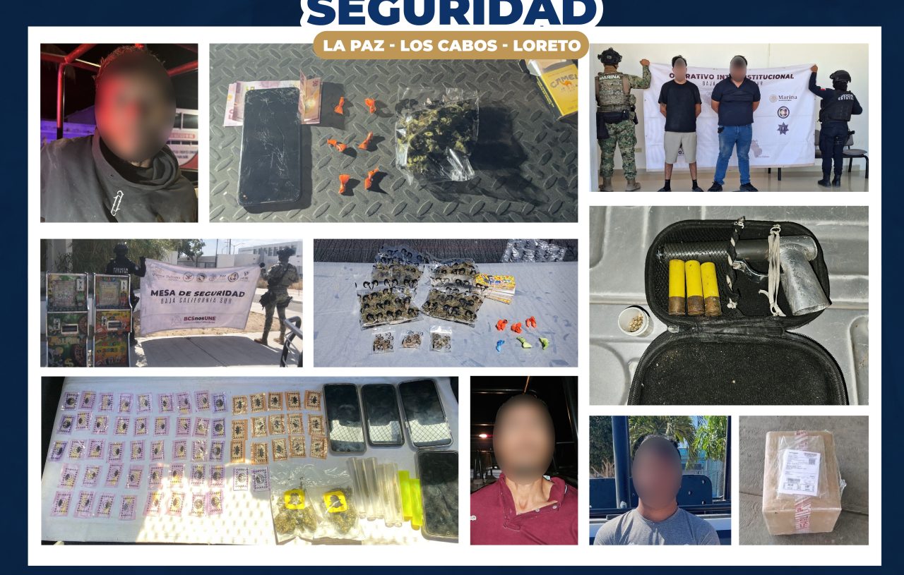NARCÓTICOS, ARMA Y MÁQUINAS TRAGAMONEDAS SE ASEGURAN DURANTE PATRULLAJES EN LA ZONA SUR Y NORTE DE BCS