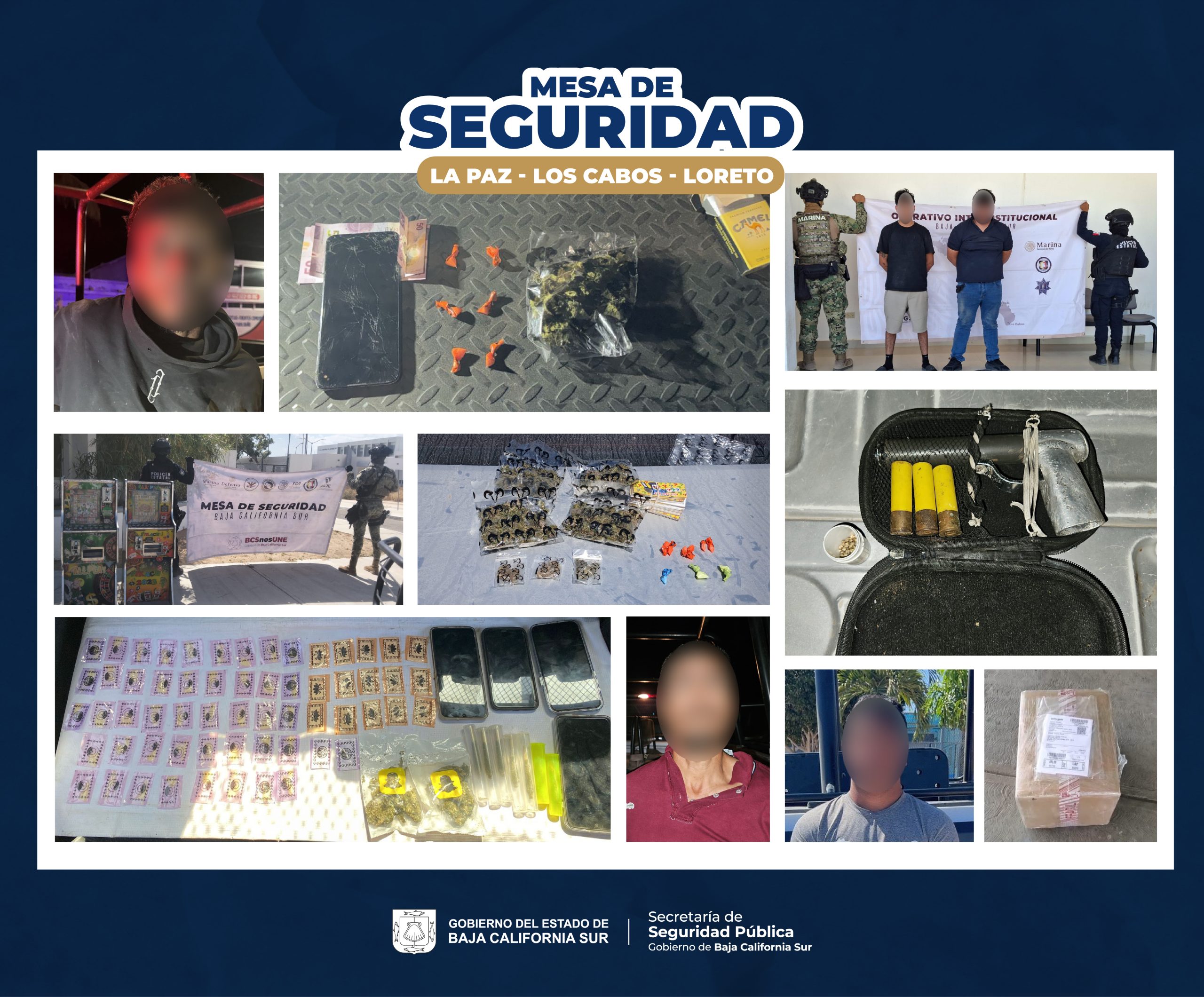 NARCÓTICOS, ARMA Y MÁQUINAS TRAGAMONEDAS SE ASEGURAN DURANTE PATRULLAJES EN LA ZONA SUR Y NORTE DE BCS